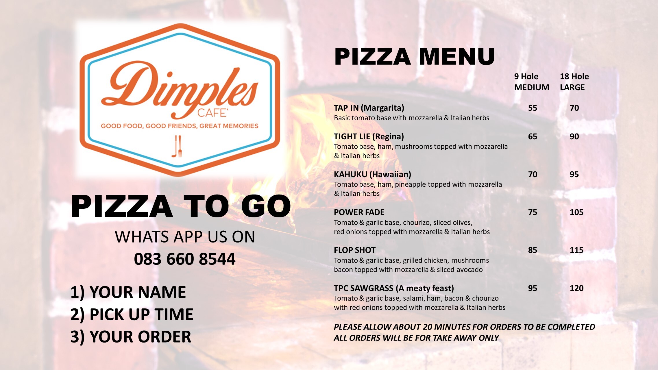 Dimples Pizza Menu